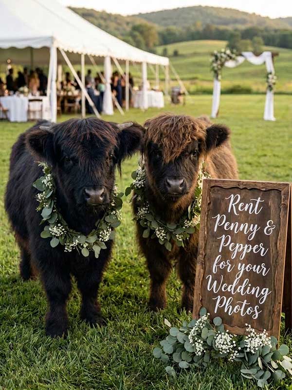 highland cows decorated at wedding